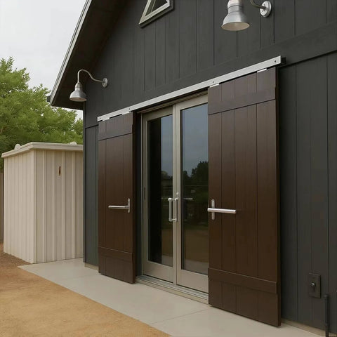 Exterior view of a sliding barn door system on a modern garage. Visible are sliding tracks and wooden doors on a dark building facade.