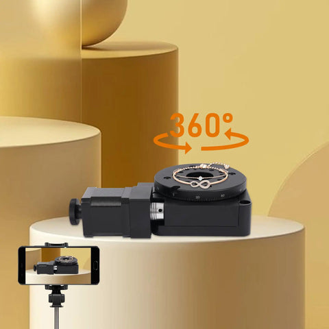 100mm Electric Rotary Stage Pro Grade Motorized Rotation Platform with stepper motor and worm gear shown at 360-degree turn