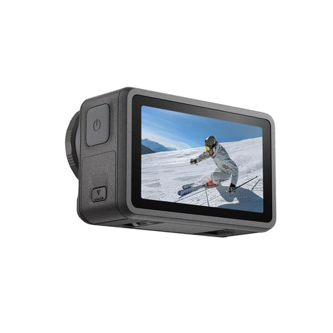 Knockout 4K Action Camera With Hella Solid Build And Smooth 120fps Shooting For All Your Adventure Sports And Vlogging Sessions Featuring Sick Image Stabilization And Marathon Battery Power Plus Smart Tracking showing a skier on screen