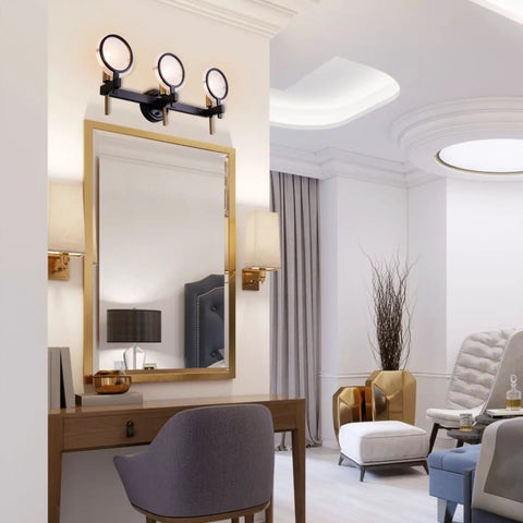 Three Light Vanity Light Fixture In Black Gold Finish With Seeded Glass Over Mirror Wall Sconces For Bathroom Cabinets Powder Room
