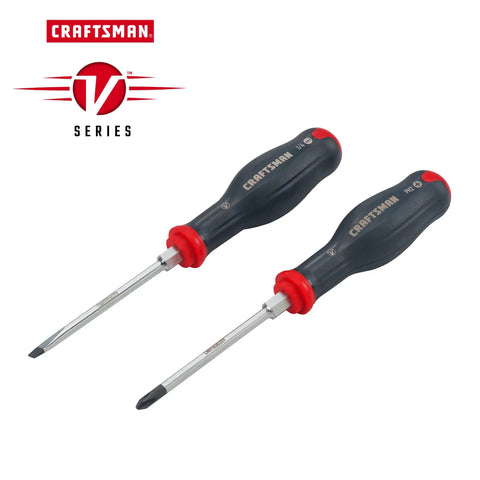V Series 8 Piece Screwdriver Set With Precision Tips And Soft Grip Pro Handles, two screwdrivers with black handles displayed.