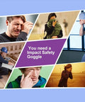 Collage of people needing eye protection, emphasizing need for "Impact Safety Goggle" in various environments.