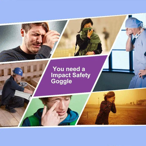 Collage of people needing eye protection, emphasizing need for "Impact Safety Goggle" in various environments.