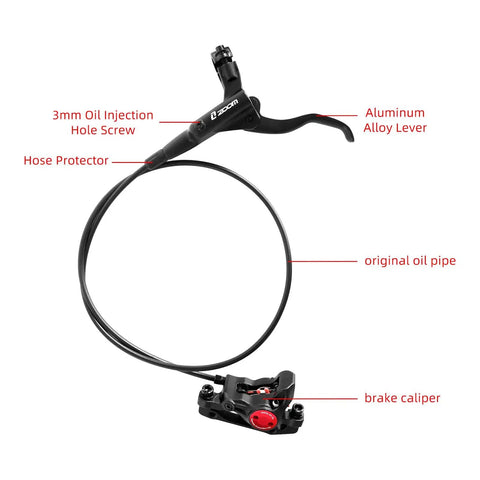 Full Hydraulic 2 Piston Mountain Bike Disc Brakes Set with aluminum lever, oil injection hole screw, and brake caliper.