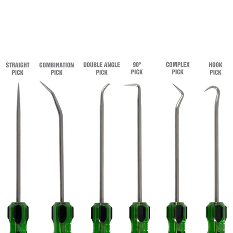 Six Piece Hook And Pick Set With Acetate Handle For Mechanics Car Repair Gasket And Hose Removal Pro Grade Tools on white background