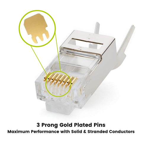 Cat6 Cat6A RJ45 Pass Through Modular Plugs Shielded STP Ground Connector UL Listed EZ Crimp Gold Plated 3 Prong 8P8C