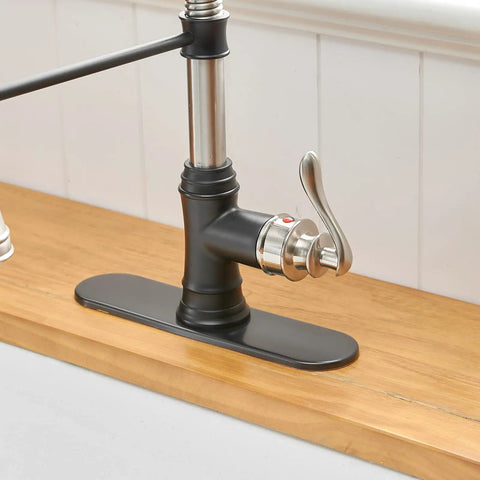 Dual Finish Kitchen Faucet In Black And Brushed Nickel With Pull Down Sprayer And Three Spray Modes Single Handle High Arc Commercial Style.