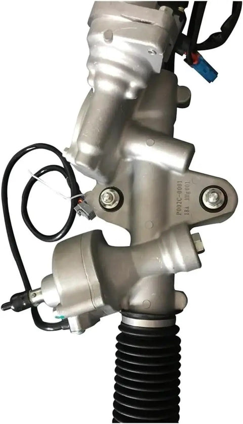 Rock Solid Electric Assist Power Steering Rack And Pinion Assembly with metal frame and rubber boot, designed for easy swap in SUVs, EVs, and trucks.