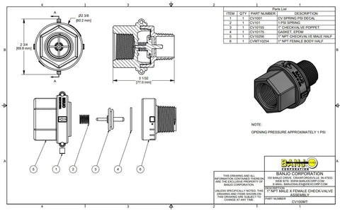 CV100MT 1 in NPT polypropylene check valve; front, side, cross-section and 3D render views.