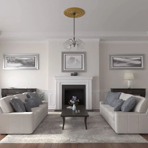 Living room with Dauphine Ceiling Medallion in Iridescent Gold, 33 7/8 inch diameter, central chandelier mount, hand painted detail.