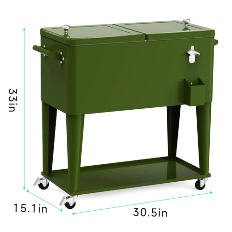 80 Quart Rolling Cooler On Wheels For Outdoor Patio Parties And Bar Events With Bottle Opener Drain Plug And Built In Shelf
