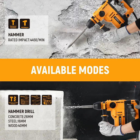Beast Of A 900W Rotary Hammer Drill With 26mm Concrete Capacity, 2-Function Hammer And Drill Modes, 1200 RPM No-Load Speed
