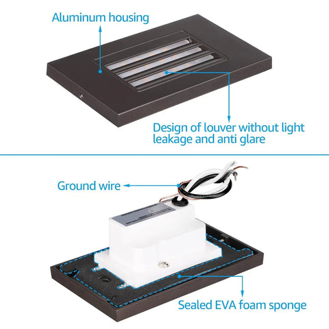Set Of 6 120V LED Step Lights Dimmable 5 To 100 Percent 170 Lumen Warm White 3000K Stair Lights For Indoor And Outdoor Use Die Cast Aluminum Oil Rubbed Bronze ETL Listed CRI 90 Louvered Faceplate For Reduced Glare showing louvered front and ground wire back