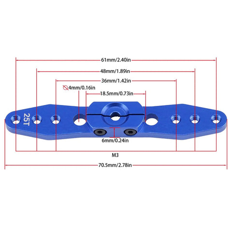 Diagram of Three Piece Aluminum RC Clamping 25T Servo Horns Set With Double Arm Steering Arms, blue finish and measurements