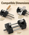 Dead On Edge Precision Chisel Sharpening Jig Kit With Dual Grit Stones showing compatible dimensions for various chisel sizes.