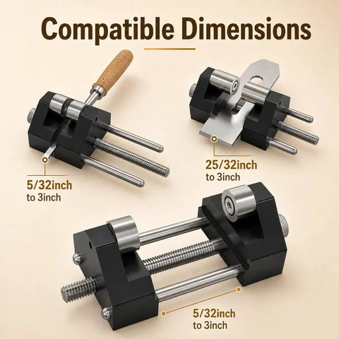 Dead On Edge Precision Chisel Sharpening Jig Kit With Dual Grit Stones showing compatible dimensions for various chisel sizes.