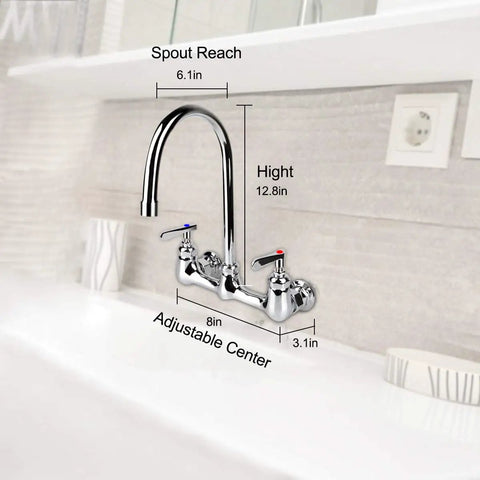 Wall Mount Commercial Kitchen Faucet With 8 Inch Center, 6 Inch Gooseneck Swivel Spout, Dual Handles, Chrome Finish in modern kitchen