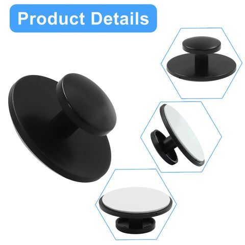 Close-up images of 20 Pack Plastic Black Adhesive Cabinet Handles Self Sticking Drawer Knobs, emphasizing the round black design.