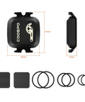 Dual Bike Cadence And Speed Sensor Kit With Wireless Bluetooth And ANT Plus, showing sensor dimensions and mounting hardware.