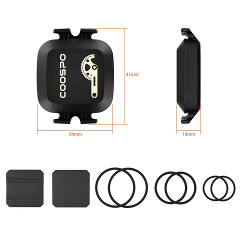 Dual Bike Cadence And Speed Sensor Kit With Wireless Bluetooth And ANT Plus, showing sensor dimensions and mounting hardware.