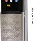 All In One 5 Gallon Bottom Load Water Dispenser With Hot Cold And Room Temperature Water 500 Watt Heating And Child Safety Lock Standing Water Cooler For Home And Office Champagne Gold showing front view with buttons and dimensions.