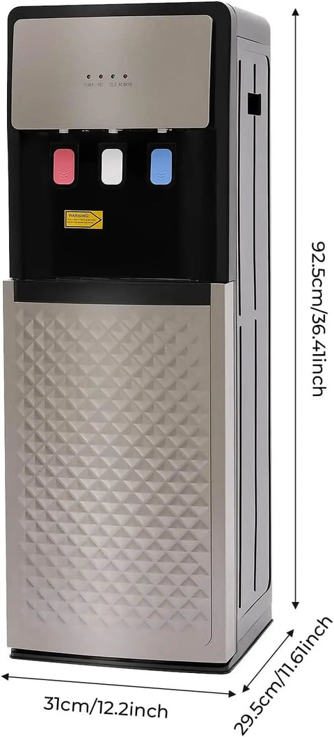 All In One 5 Gallon Bottom Load Water Dispenser With Hot Cold And Room Temperature Water 500 Watt Heating And Child Safety Lock Standing Water Cooler For Home And Office Champagne Gold showing front view with buttons and dimensions.