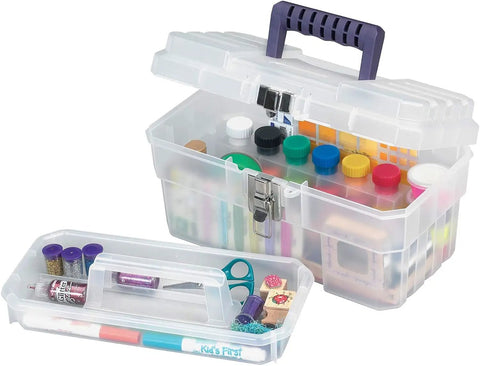 Workhorse 14 Inch Plastic Toolbox with removable tray, steel latch, and padlock eye, filled with art supplies, clear 14 x 8 x 8