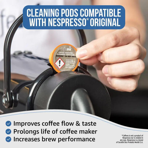 Nespresso Compatible Cleaning Pods, Five Cleaner Capsules To Boost Coffee Flavor, For OriginalLine Machines. Close-up in use.