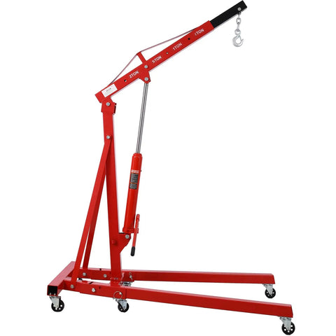 Heavy Duty Folding Engine Hoist With Six Slick Rolling Caster Wheels For Stress Free Shop Lifting And Adjustable Two Ton Capacity in red color.
