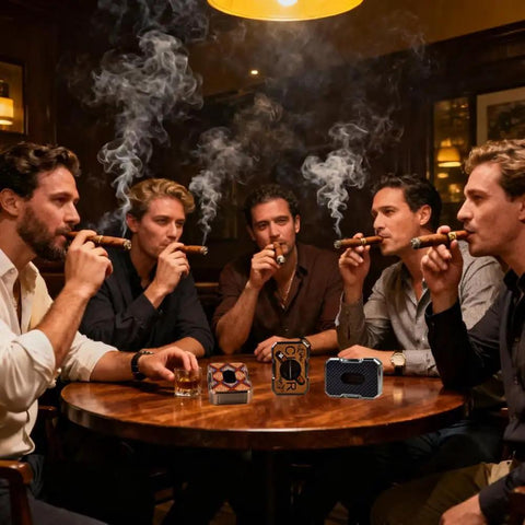 Group of men smoking cigars with Guillotine Premium Cigar Cutter 23Mm Max Stainless Steel Sharp Double Blade For Clean Fast Cuts Blue Finish Cigar Scissors on table