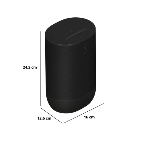 Move 2 Black Portable Bluetooth Speaker with Dual Tweeters, shown from side view with dimensions, black cylindrical design.