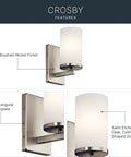 Crosby 9.25 Inch Wall Sconce In Brushed Nickel, 1 Light with satin etched opal glass and rectangular backplate details.