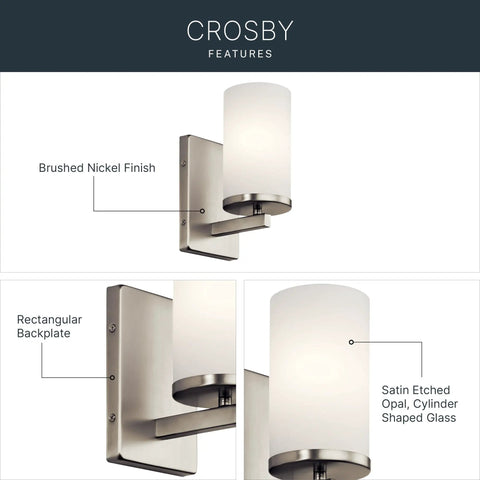 Crosby 9.25 Inch Wall Sconce In Brushed Nickel, 1 Light with satin etched opal glass and rectangular backplate details.