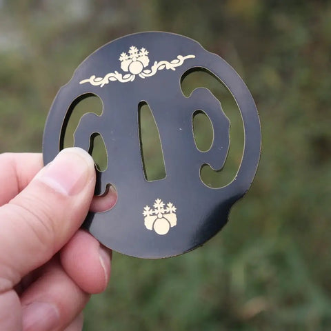 Samurai Sword Koshirae Tsuba Iron Carved 001-026 TDH 026 hand guard close-up, showing ironwork detail and design