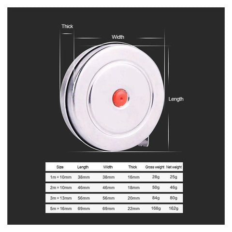 Top Shelf Stainless Steel Tape Measure For Woodworking And Diy Jobs With Dead On One Millimeter Accuracy showing size and dimensions.