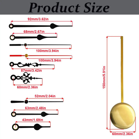 DIY Dope Quartz Clock Movement Kit With Pendulum Mechanism showcasing hands and pendulum sizes.