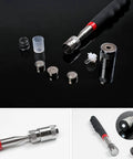 Telescoping Magnetic Pickup Tool With LED Light showing components, retractable shaft, and magnetic head on black surface