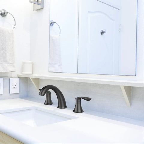 Matte Black Widespread Bathroom Sink Faucet 3 Hole Mount With Stainless Steel Pop Up Drain And cUPC Lead Free Hose Ceramic Valve