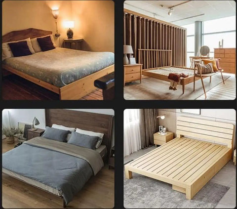 Hella Sturdy Heavy Duty Galvanized Steel Bed Rail Bracket For Reinforcing Creaky Bed Frames With Thick Load Bearing Plate And Secure Hardware For Zero Fuss DIY Repairs shown with wooden bed frames.