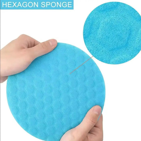 Badass 6-Inch Foam Buffing Pads for Cars, Heavy-Duty Polisher Pads with Hook and Loop Fit Drills and Dual Buffers, showing blue hexagon sponge for auto detailing.