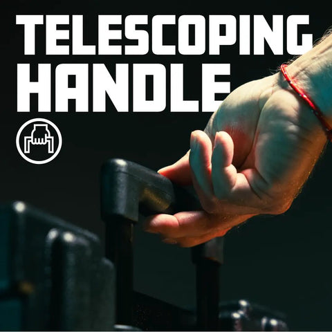 Close-up of telescoping handle on Hella Rugged Roto Molded Drum Hardware Case for easy transport.