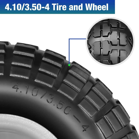 Close-up view of Four Pack 10 Inch Flat Free Tires Solid PU Foam Wheels Built Tough No Flat Rugged 5 By 8 Axle Bore Offset Hub 2.24 Inch