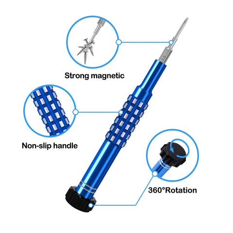 One Handed Precision Screwdriver Set With 360 Degree Rotating Handle S2 Steel Magnetic Bits displayed with features
