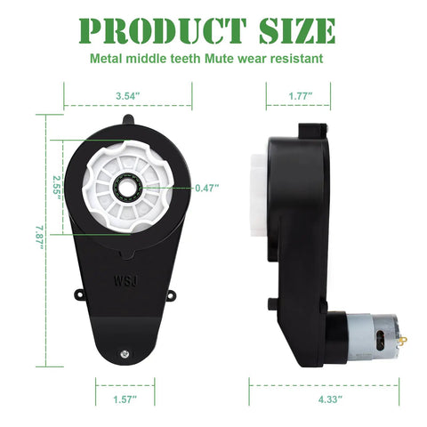 Two Pack 12V Powered Wheels Motors Upgrade Gearbox for Kids Ride On Cars, RS550 Drive Engine, product dimensions diagram