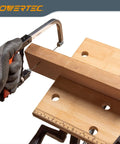 Portable Small Workbench With Vise And Ruler Protractor Scale in use, showing folding sawhorse worktable cutting wood.