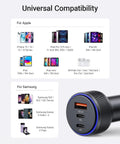 Universal compatibility chart showing devices for 90W Triple Port Car Charger With USB C And A Fast Charge Adapter PD QC.