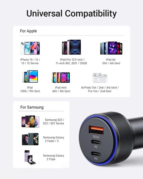 Universal compatibility chart showing devices for 90W Triple Port Car Charger With USB C And A Fast Charge Adapter PD QC.