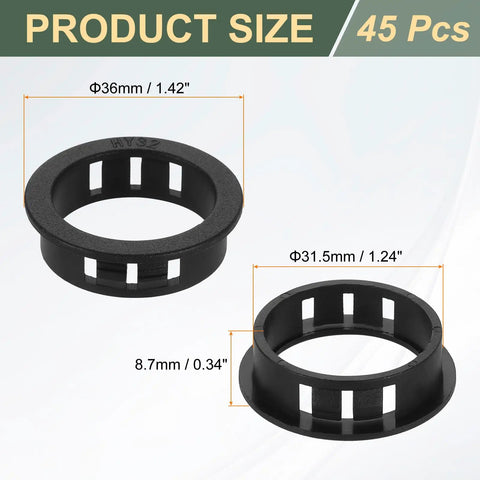 Dope 45 Pack Round Black Cable Snap Bushing Grommets 1-1/4 Inch size details with dimensions and quantity