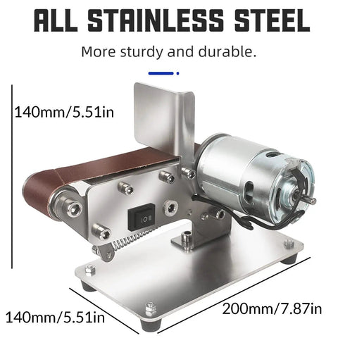 Mini Electric Belt Sander Bench Grinder Polishing Kit For Knife Making Woodworking with stainless steel body and motor.