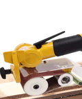 Heavy Duty Pneumatic Belt Sander With 100 Sanding Belts 360 Swivel Chuck High Torque 10000 RPM on wood surface.
